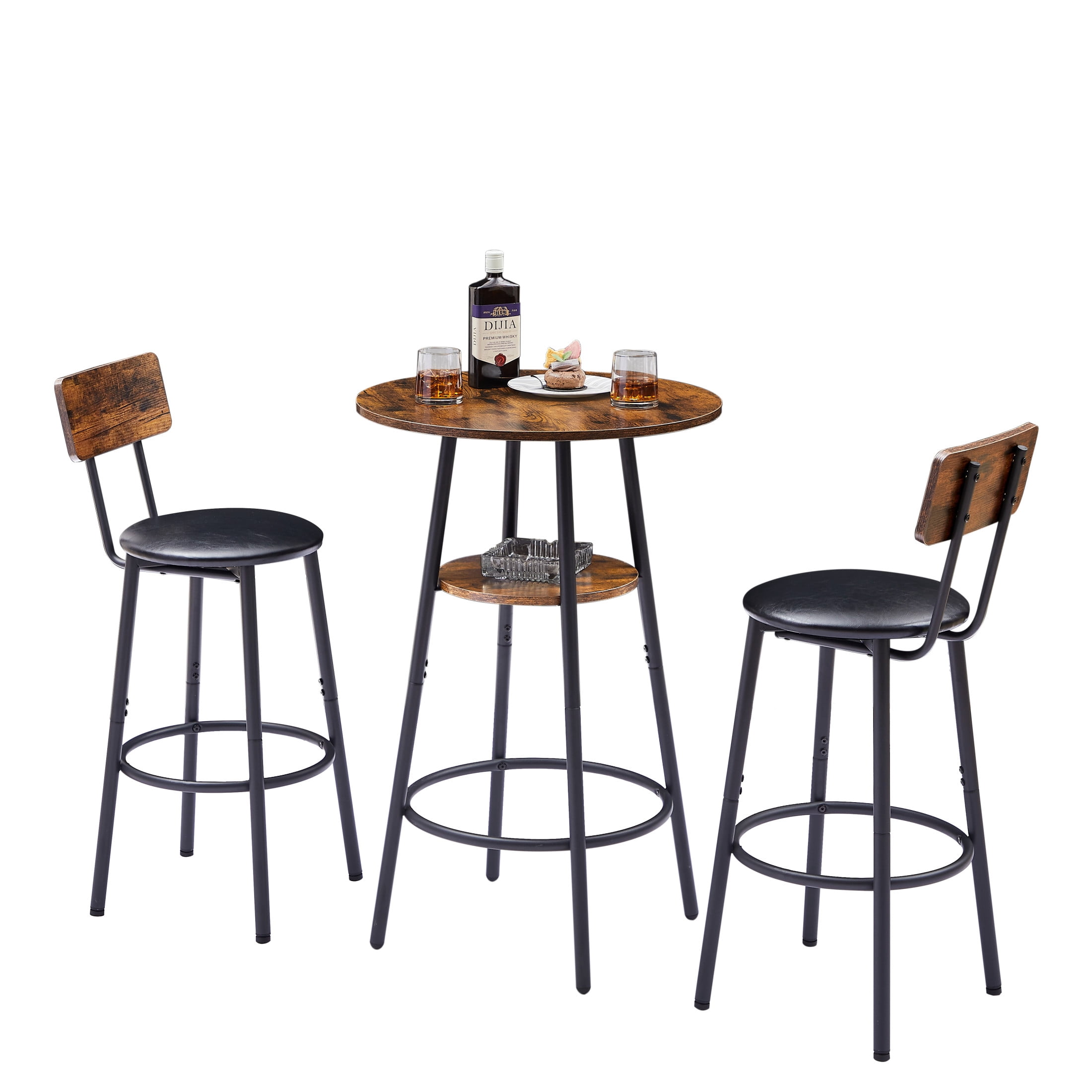 Noble House Round 3-Piece Bar Set, Pub Table with Shelf & 2 Upholstered Stools, Industrial Small Space Design, Rustic Brown