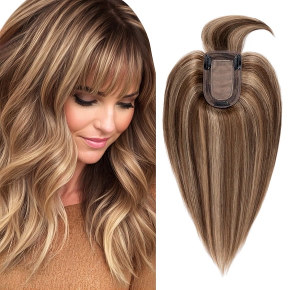 TESSHAIR Hair Toppers for Women Real Human Hair, 150% Density Silk Base Clip in Hair Extensions, Short Hair Topper Hair Pieces for Women with Thining Hair, Cover Gray Ha