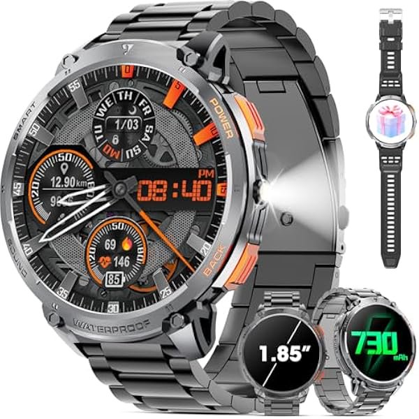 wonima44 Military Smart Watch for Men 1.85" HD Touch Screen 730mAh Battery Smart Watches with LED Flashlight for Android iOS (Bluetooth Call Answer/Dial Calls) Fitness Tracker with Heart Rate Blood