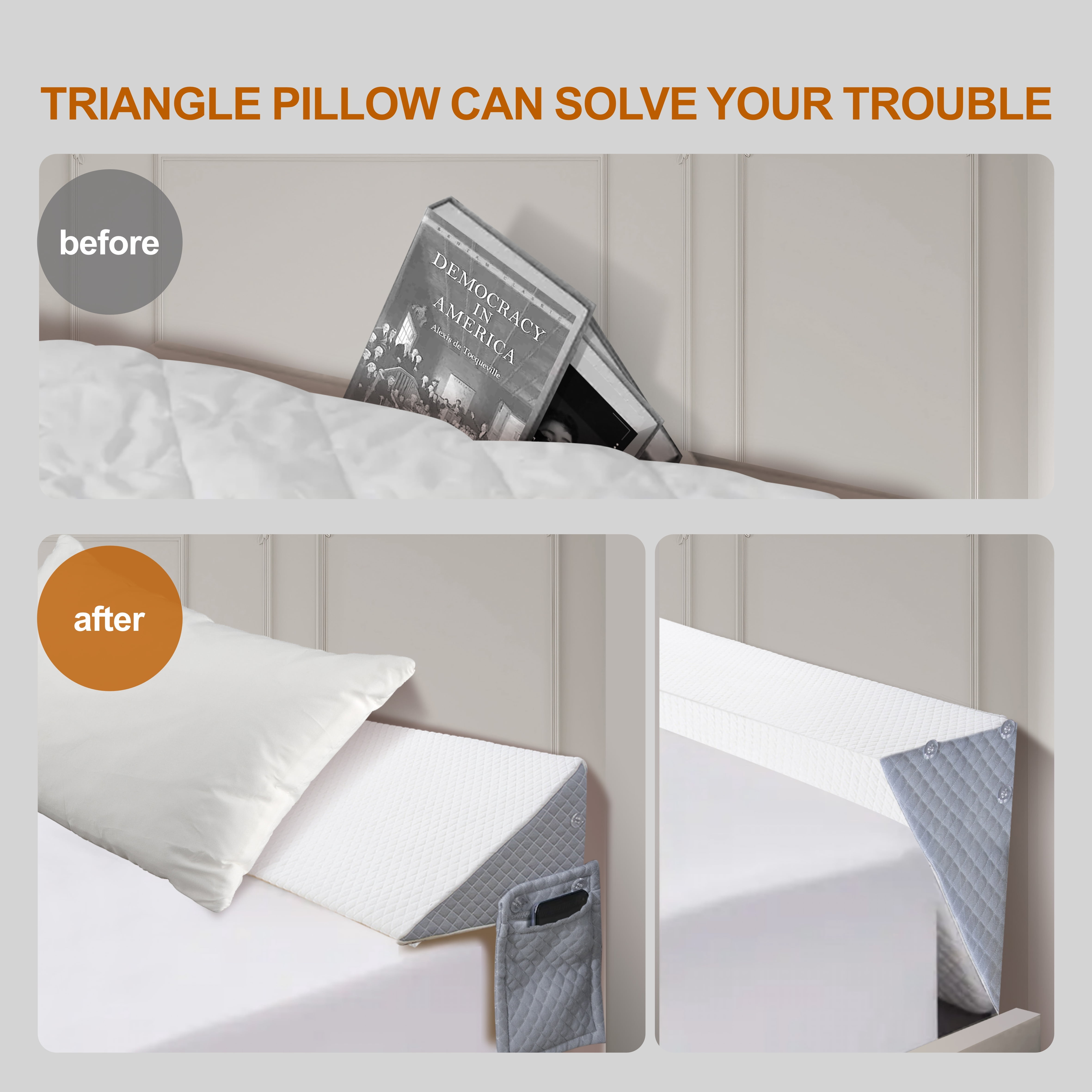 Queen Size Bed Wedge Pillow - Adjustable Gap Filler (0-8") for Headboard & Mattress or Wall - White Back Support & Sleeping Pillow