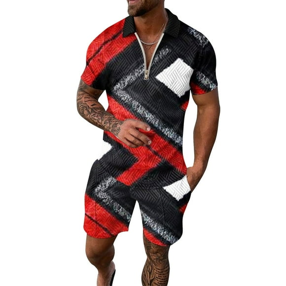 MSJUHEG Mens Sweatpants Polo Shirts For Men Mens Short Sleeve Casual Shirt And Shorts Sets Two Piece Summer Outfits Zip Tracksuit Set Lounge Sets For Women Black S