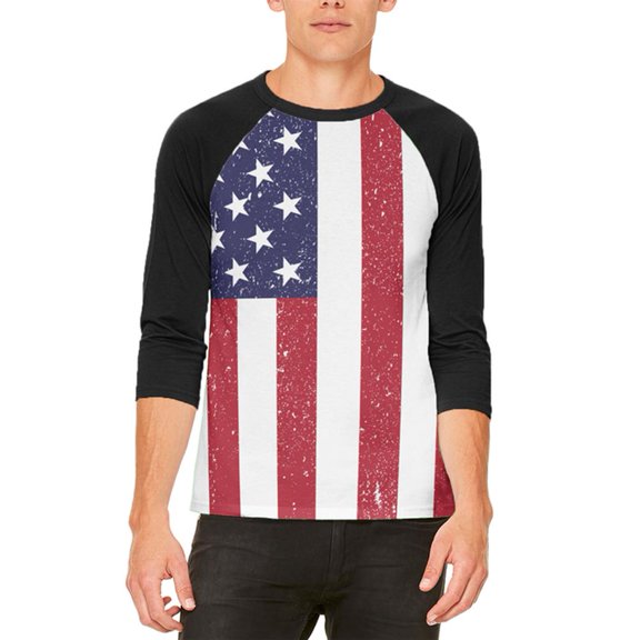 4th of July American Flag Distressed Mens Raglan T Shirt White-Black X-LG
