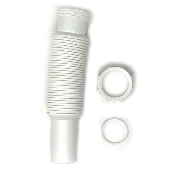 Flexible sink pipe, 1-1/2 inch x 15 inch White Plastic Polypropylene tube with Slip-Joint Nut and Washer, for Tubular Drain Applications.