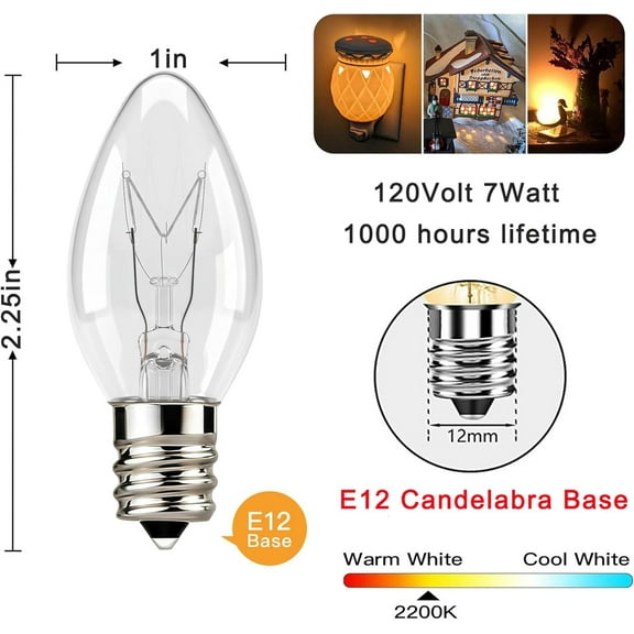 OPVM-25 Pack C7 Clear Replacement Bulbs, C7 Outdoor Candle Light Bulbs, Night Candle Light for Indoor Outdoor Patio Bistro Party Decor Christmas String Light, E12 Candelabra Base, 5W