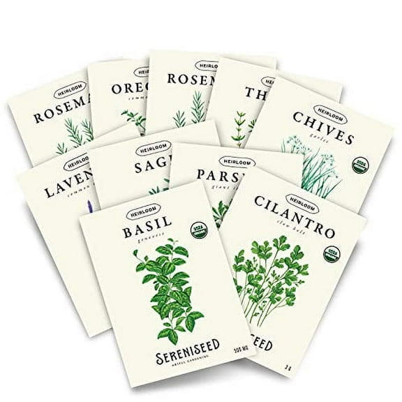 Sereniseed Certified Organic Herb Seed Collection (10-Pack) - 100% Non GMO, Open Pollinated, Heirloom Varieties, 2021 Packs - Guide for Indoor & Outdoor Garden Planting