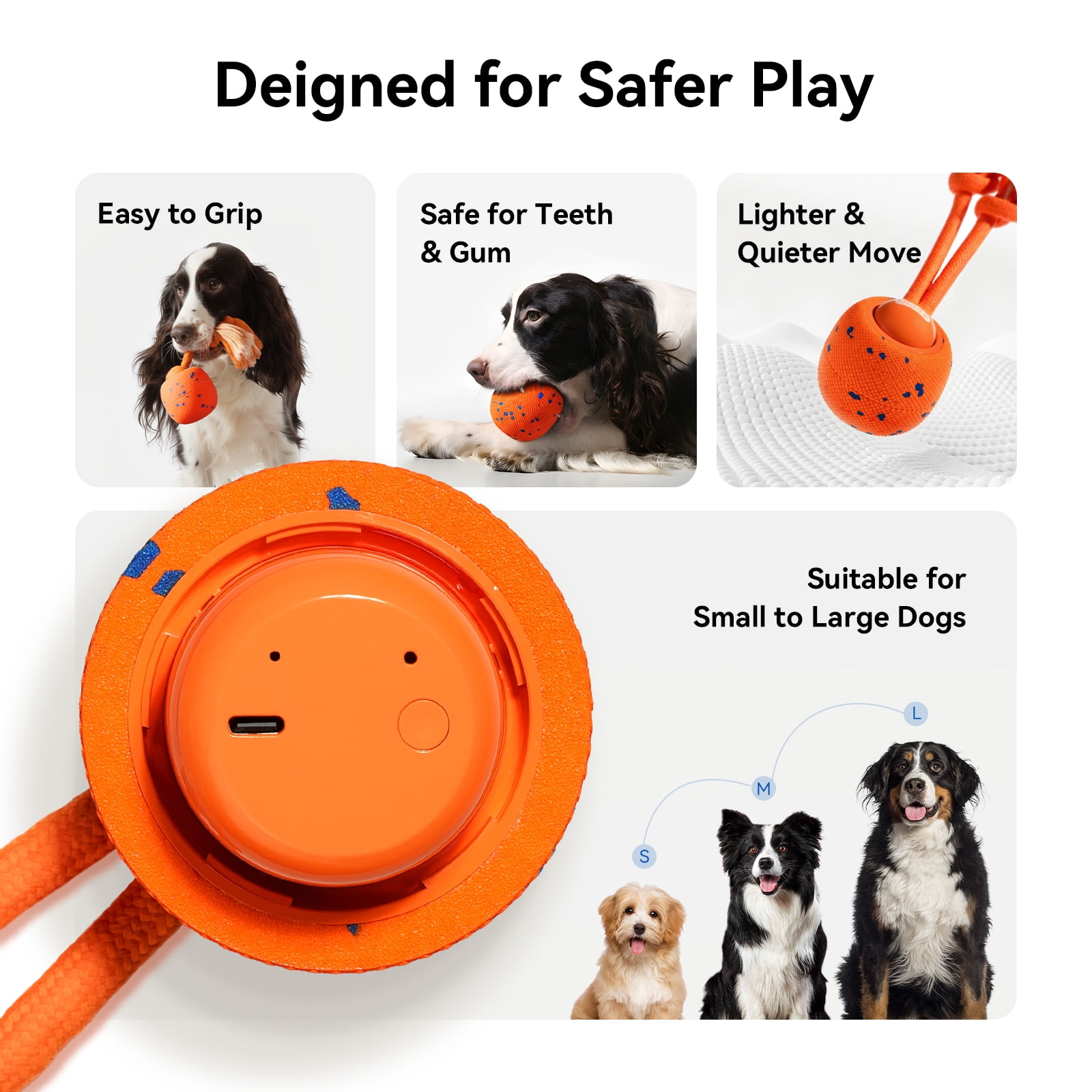 Cheerble Wicked Ball Rolly Interactive Dog Toy with Automatic Move, E-TPU Material, Rope and Barking Sounds, for Medium to Large Dogs (Bright Orange)