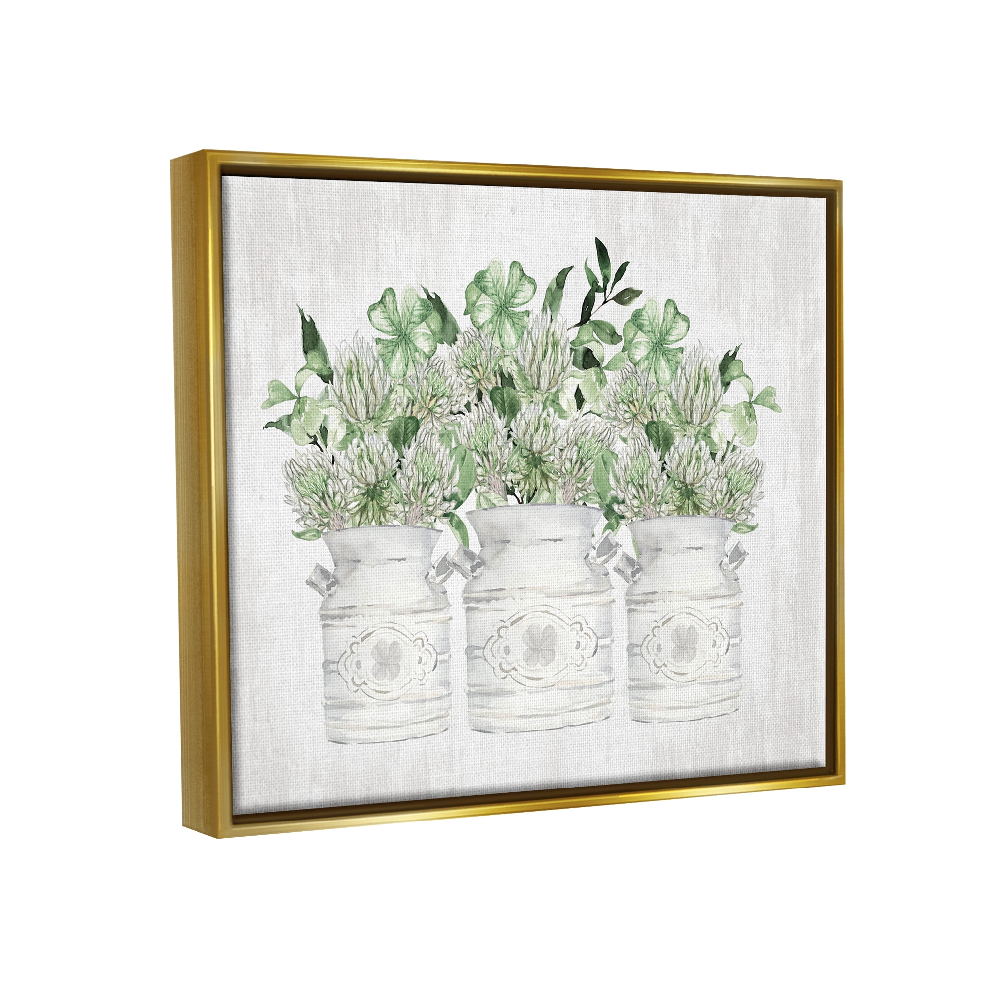 Stupell Industries Rustic Shamrock Bouquets Botanical & Floral Painting Gold Floater Framed Canvas Art Print Wall Art, 21 x 17