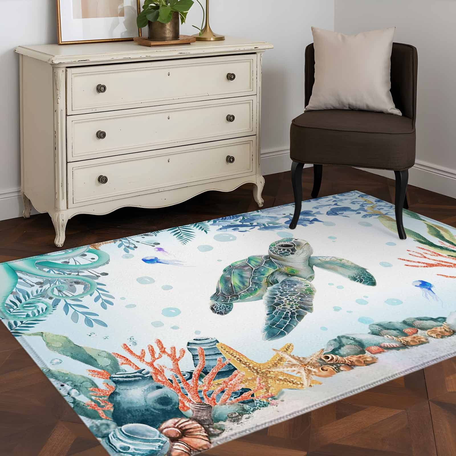 3'x5' Rug for Living Room Bedroom, Sea Turtle Coastal Washable Area Rugs Non-Slip Carpet Mats, Summer Nautical Starfish Coral Ocean Indoor Low Pile Area Rug Runner for Kitchen, Mudroom