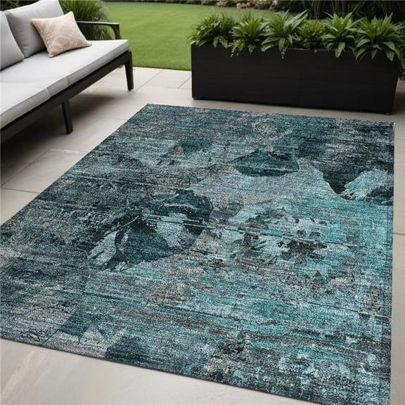 HomeRoots 562798 5 x 8 ft. Teal & Gray Floral Washable Non Skid Indoor Outdoor Rectangle Machine Woven Area Rug