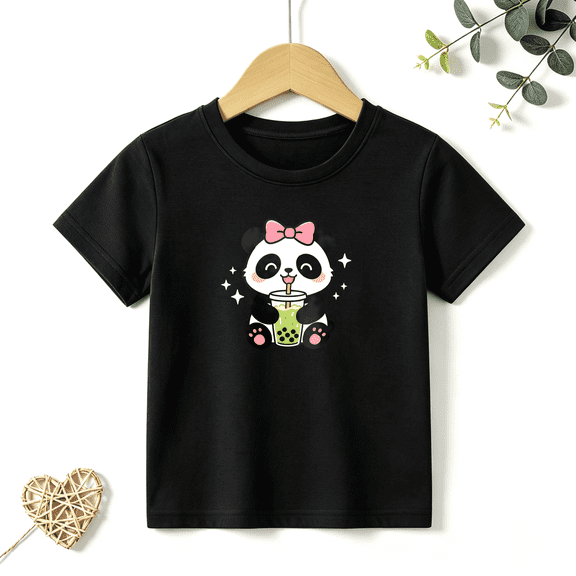 Girls Graphic Tees Panda Drinking Boba Tea Kids T Shirt Cute Pet 100% Cotton Short Sleeve Soft Tops 4-13Y
