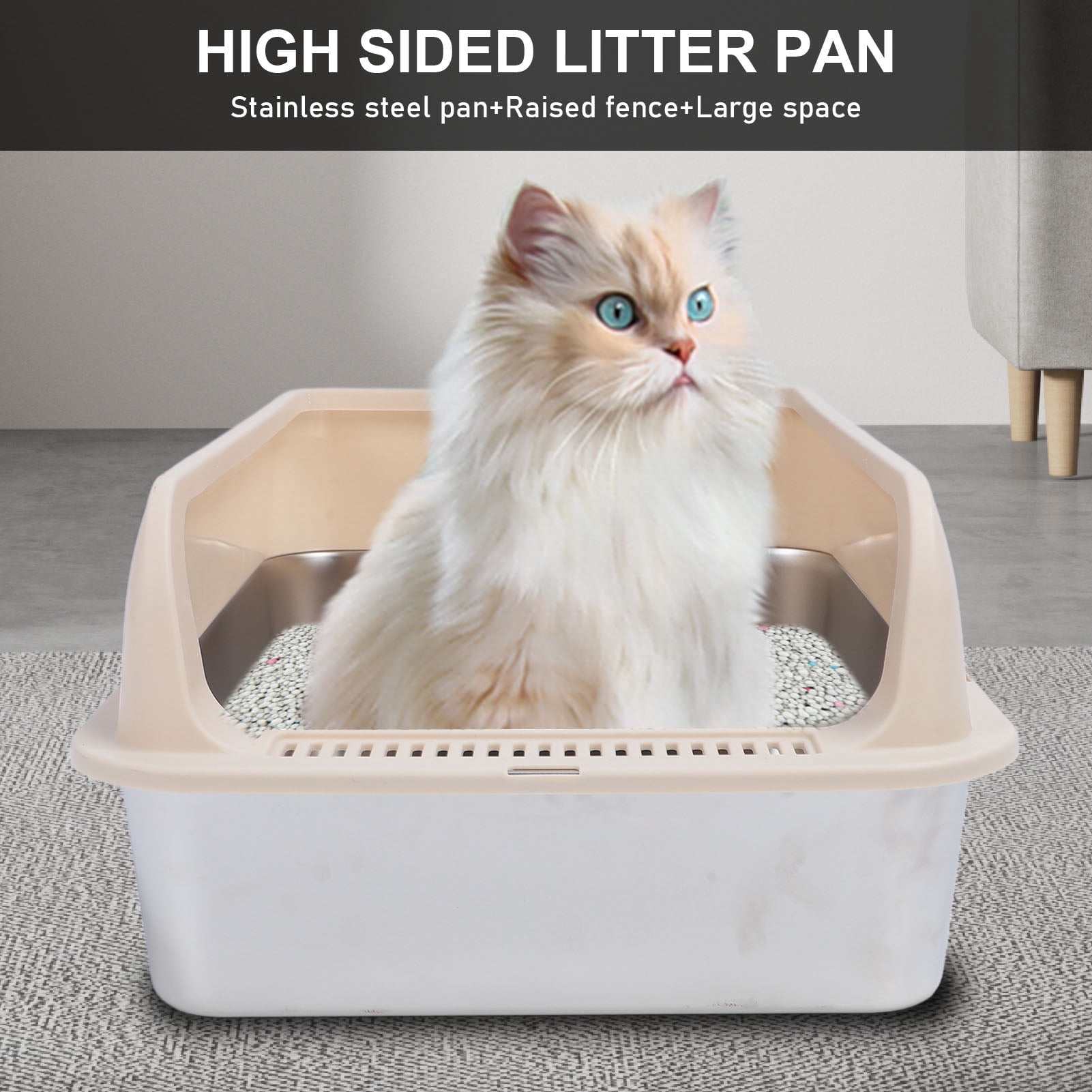 BOKYAN Stainless Steel Cat Litter Box Anti Splashing High Sided Metal Kitty Tray with Scoop for Indoor Cats Beige Large 19.7 x 13.8 x 9.8 inches / 50 x 35 x 25 cm