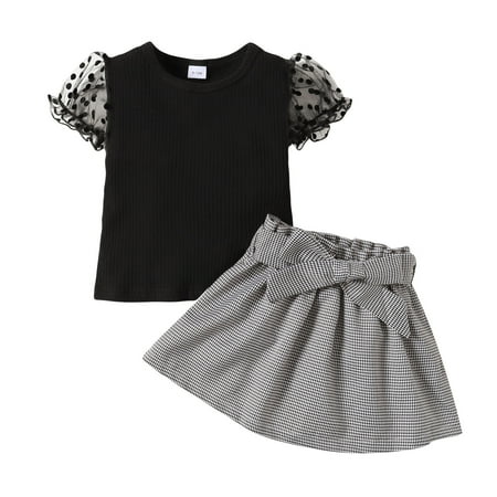 

Kucnuzki Infant Baby Girl Clothes 6 Months Summer Skirt 12 Months Short Tulle Sleeve Solid Color Pit Stripe Top Elastic Houndstooth Prints Skirt 2PC Sets Black
