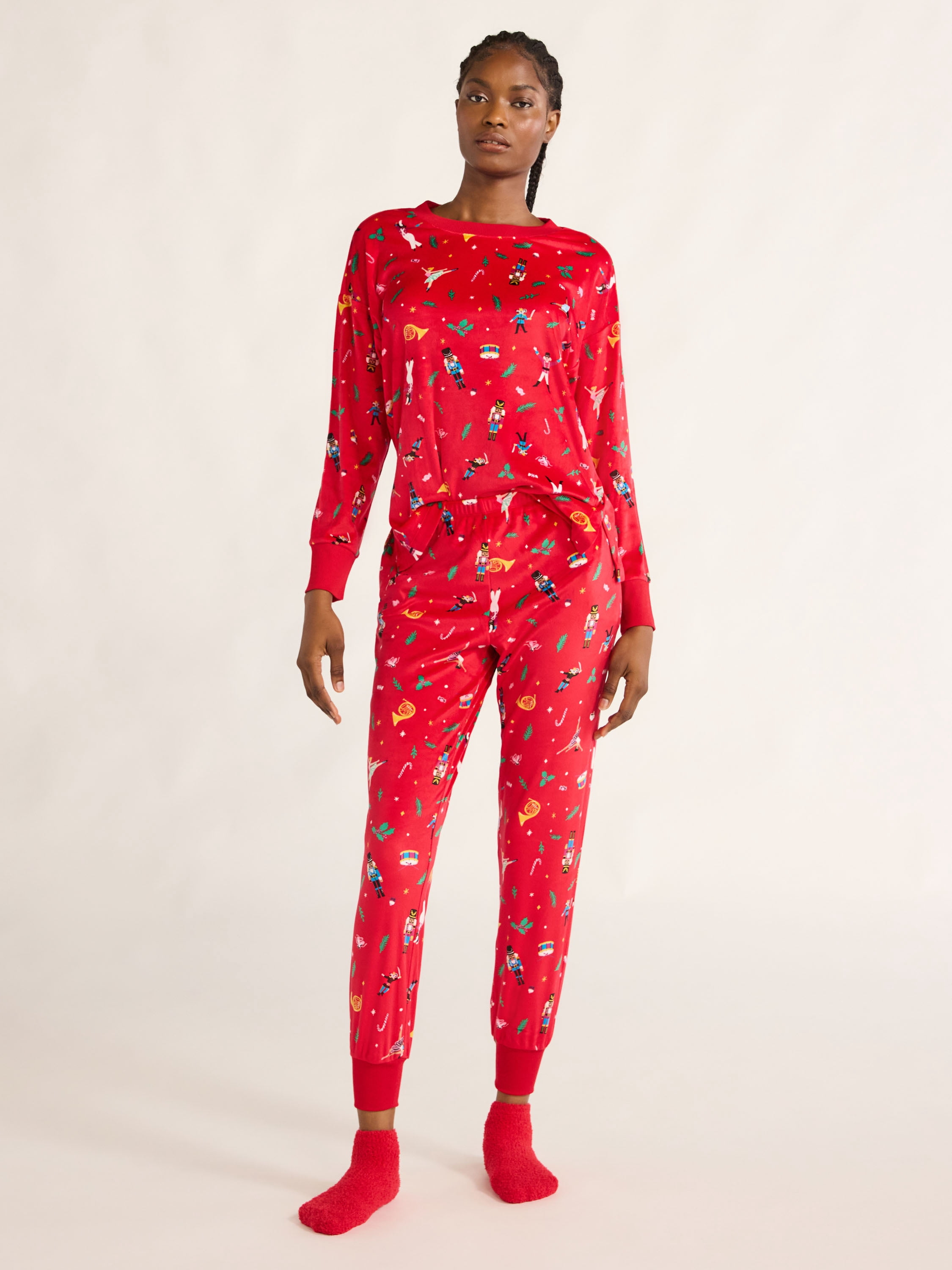 Joyspun Women's Stretch Velour Pajama Set with Socks, 3-Piece, Sizes XS-3X