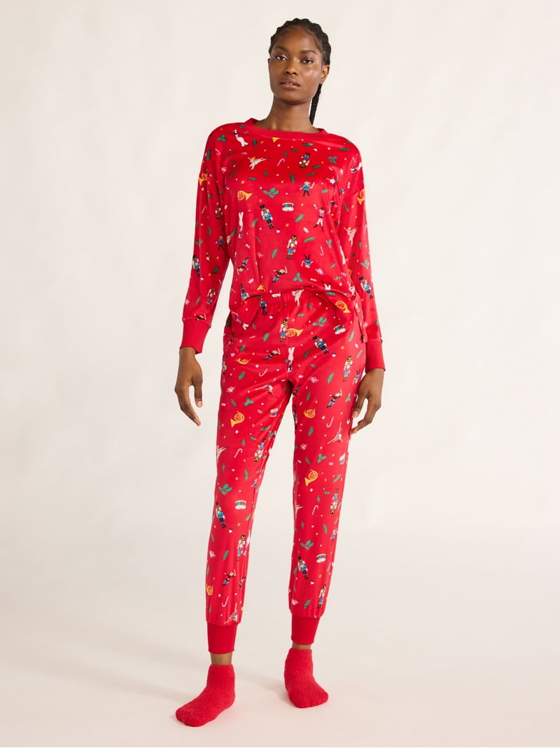 Joyspun Women's Stretch Velour Pajama Set with Socks, 3-Piece