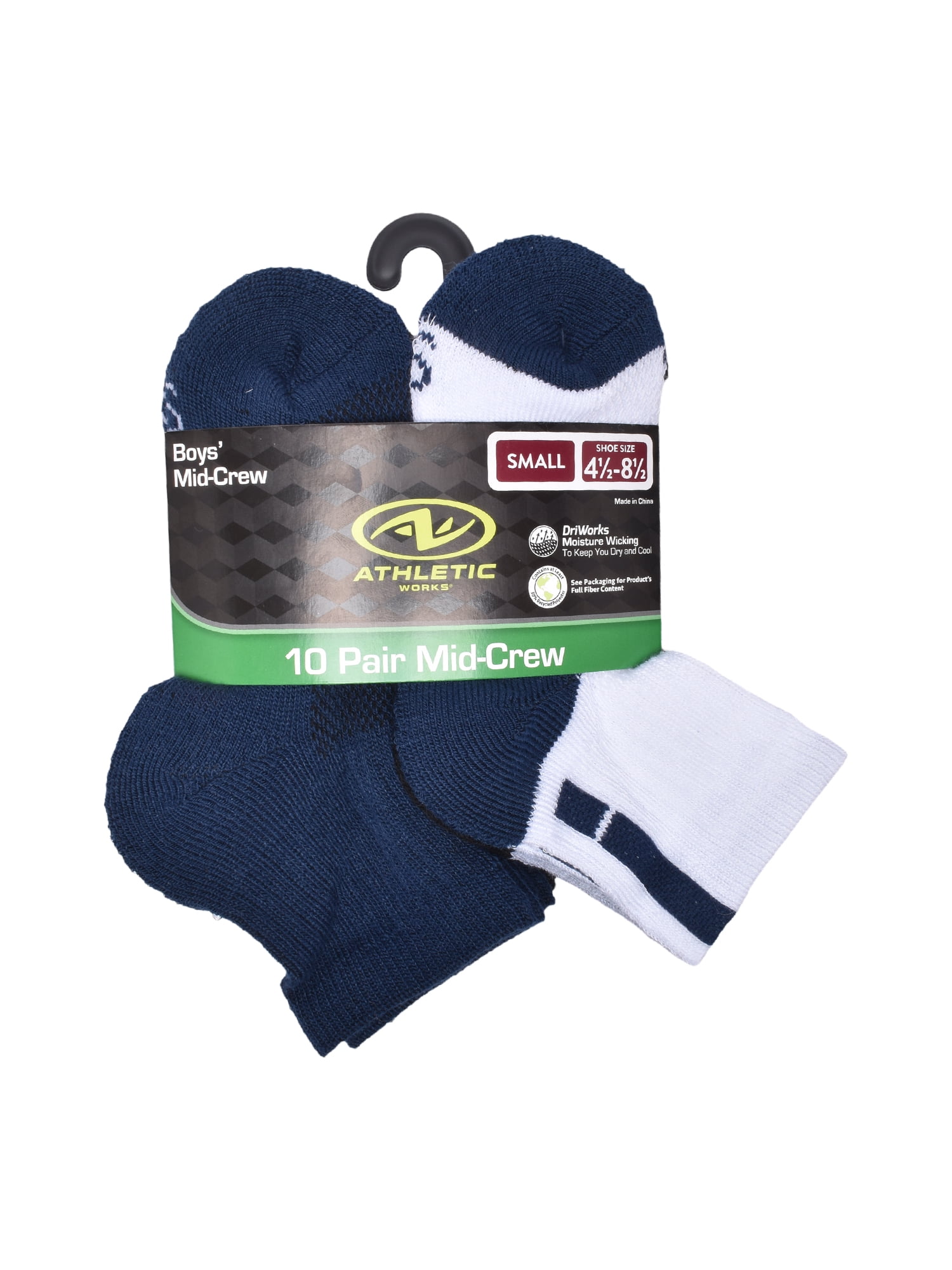 Athletic Works Boys Mid Crew Socks, 10 Pack, Sizes S-L