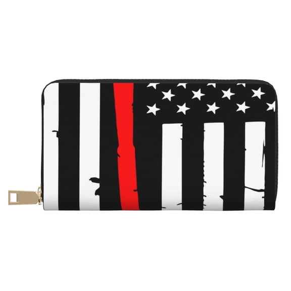 Leather Thin Slim Wallets for Women Men - Firefighters USA Flag Clutch Card Wallet for Women Men with Zipper