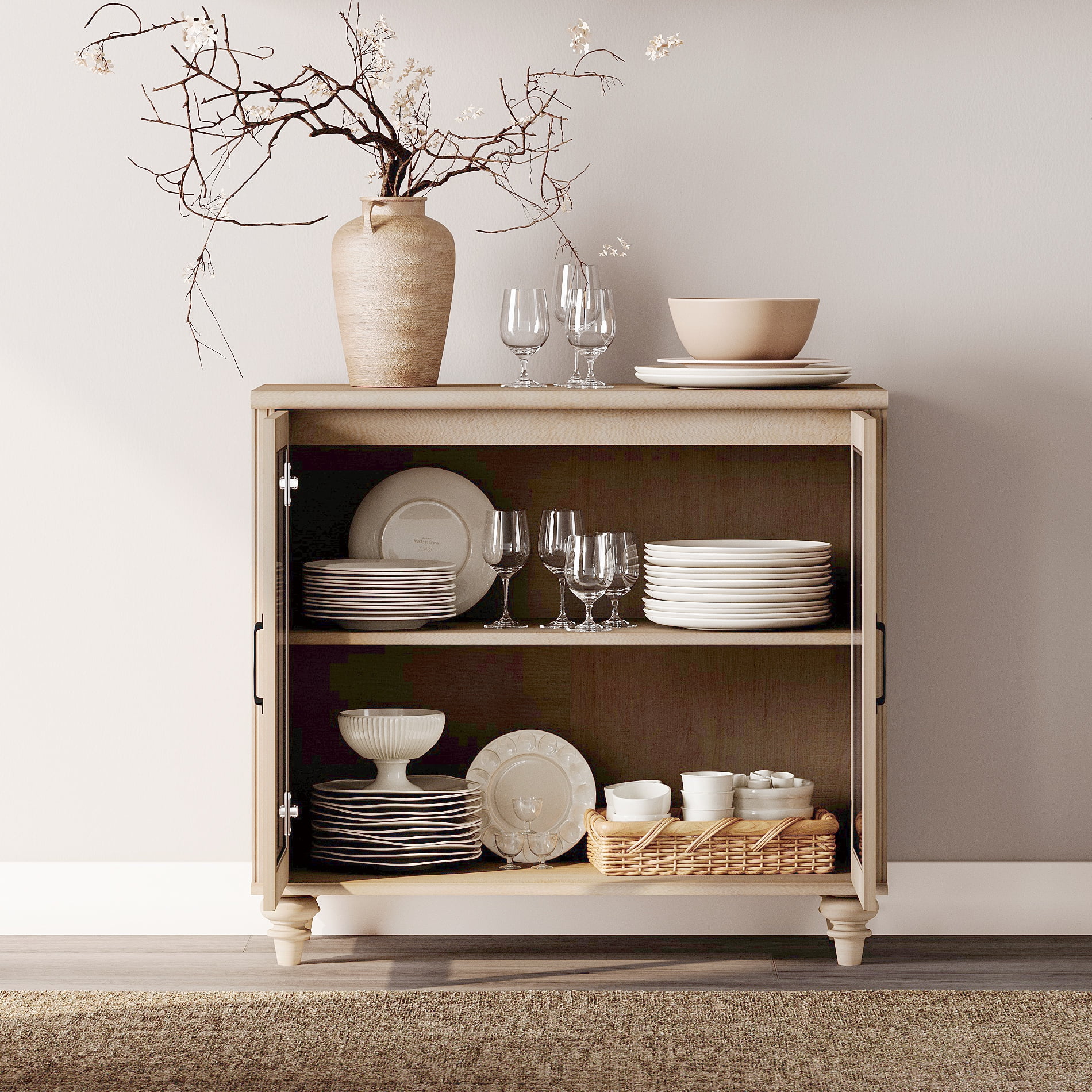Farmhouse 5 Tier Bookcase With 4 Glass Doors and 3 Drawers, Beige, 101.6" W