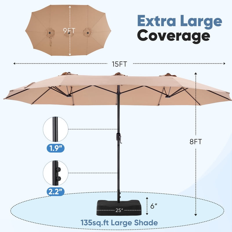 Gianna 15 FT Triple Head Patio Umbrella, 12-Rib Design with 135 SQ FT Coverage, UV50+ Waterproof Canopy Includes Sandbox Base for Outdoor Patio Camping，Khaki