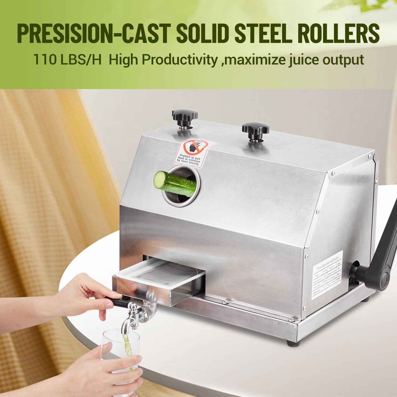 Manual Sugar Cane Juicer 110LBS Output, Cane Juicer Machine with 3 Stainless Steel Rollers, Wooden Box Packaging，for Families and Parties