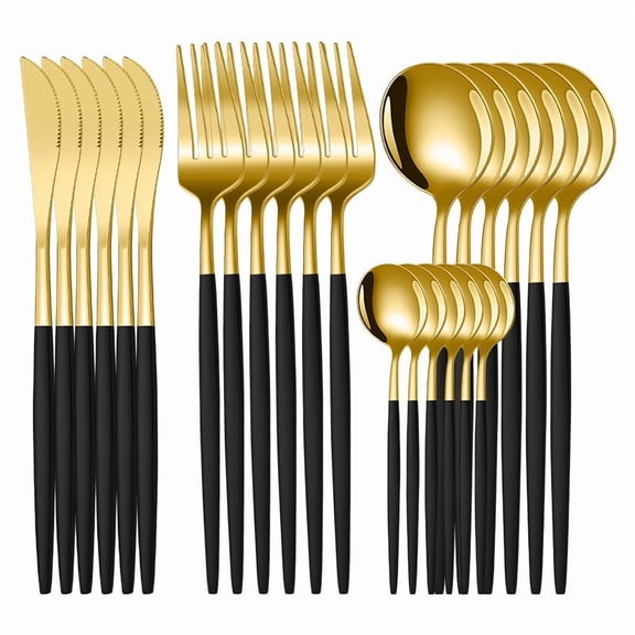 Nvzi Gold & Black stainless steel tableware set -24 pieces (suitable for 6 people) dishwasher safety tableware, daily or formal dinner tableware, ideal wedding gift tableware
