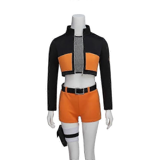 Anime Style Ninja Women's Cosplay Costume Orange & Black Outfit with Shorts, Perfect for Cosplay & Themed Events 26s