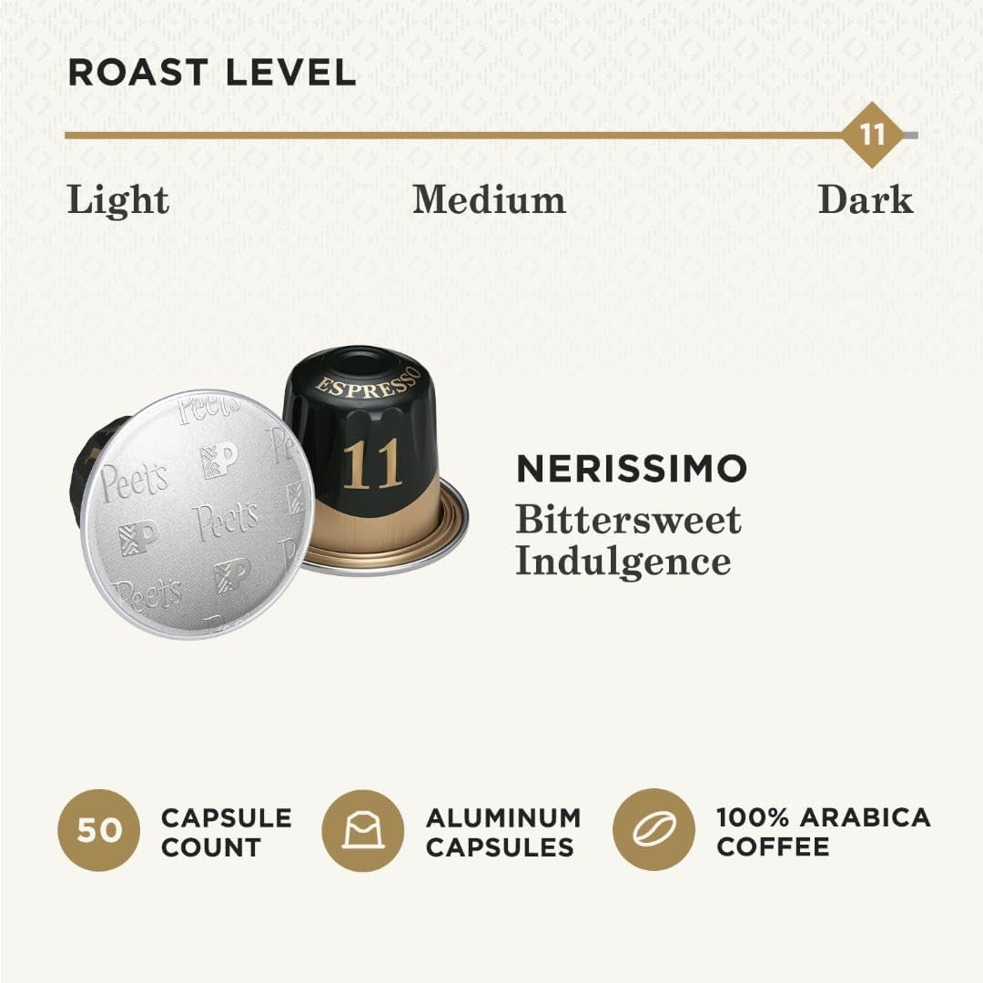 Peet's Coffee, Dark Roast Espresso Capsules, Compatible with Nespresso Original Machine, 100% Arabica Coffee - Nerissimo Intensity 11, 50 Count (5 Boxes of 10 Espresso Capsules)