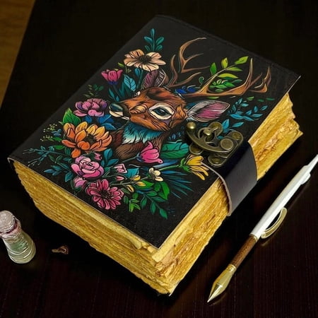 Handmade Leather Journal with Colorful Deer & Floral Artwork – 5x7 Inch Notebook 200 Handmade Deckle Pages Vintage Clasp Artistic Writing Diary