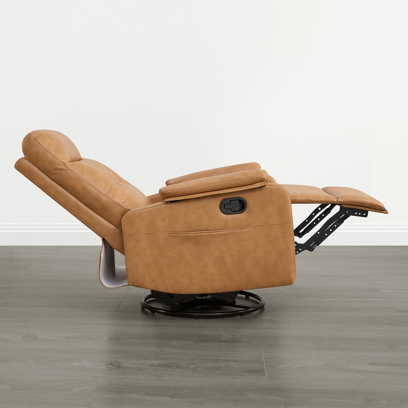 Spruce & Spring Manual Swivel Recliner Chair with Storage Pocket & Cup Holders for Living Room & Bedroom, Saddle Brown Faux Leather