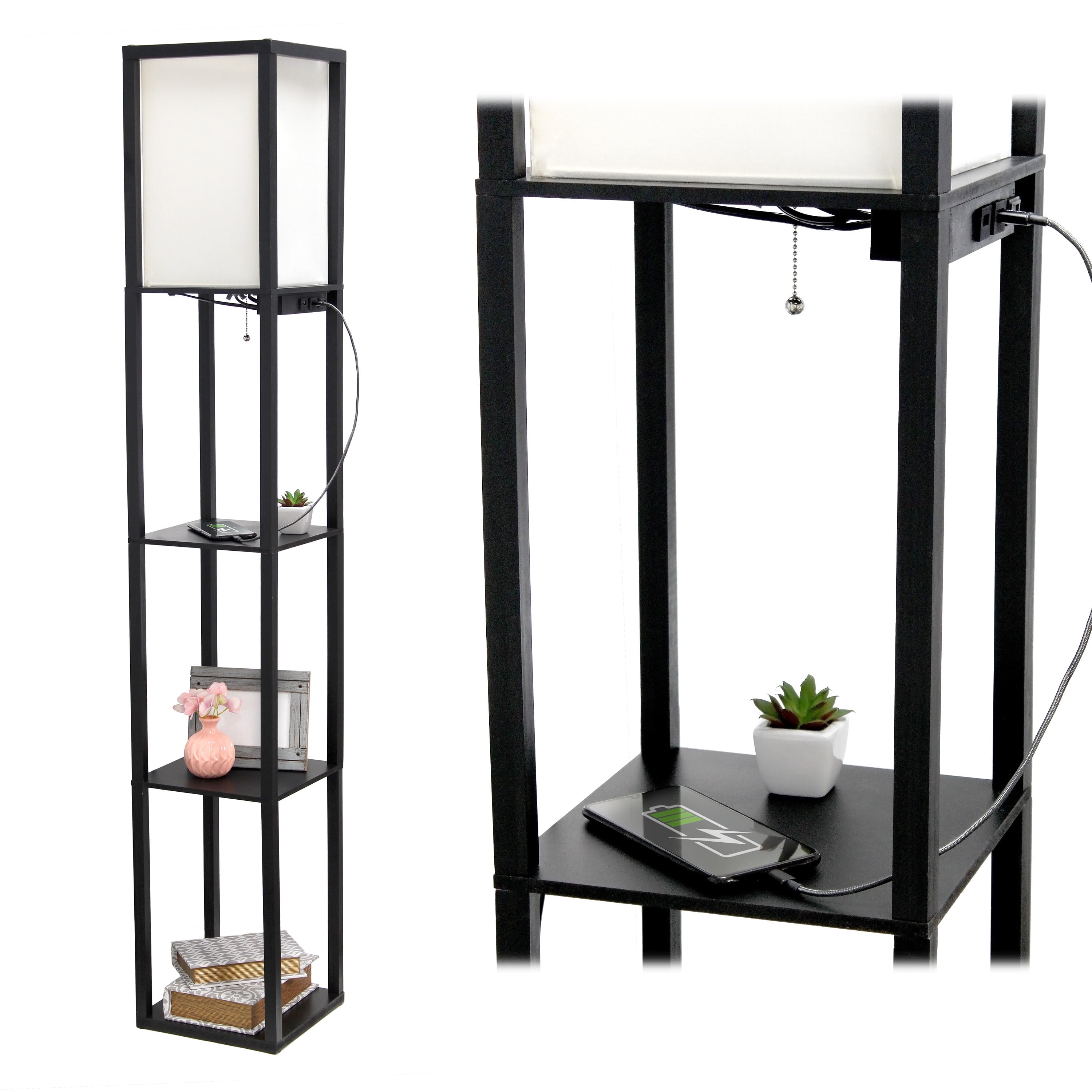 Simple Designs 62.5" 3-Shelf Etagere Floor Lamp with USB, Outlet & LED Bulb, Black