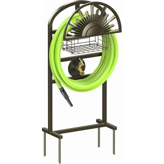 Garden Hose Holder with Brass Faucet, Freestanding Water Hose Stand with Storage Basket, Detachable Heavy Duty Hose Reel Hanger Holds 150-Feet Hose for Outside Patio Yard Lawn