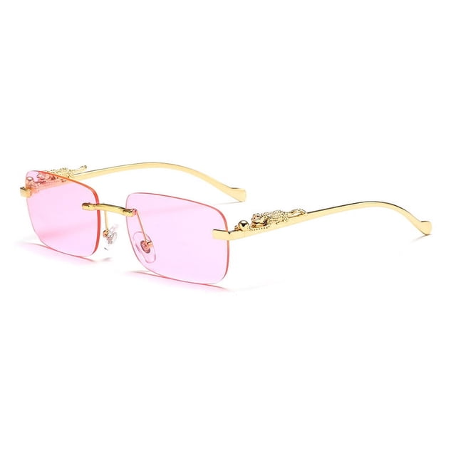 Gafas de sol sin montura con personalidad decorativa de guepardo, gafas de color para hombres y mujeres, gafas de sol retro de metal con cabeza de leopardo