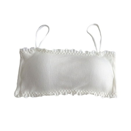 

Women Spaghetti Strap Bra Tube Top with Chest Pad Rib Knit Ruffle Lace Trim Bandeau Hook Eye Closure Wirefree Cropped Camisole Bralette Underwear