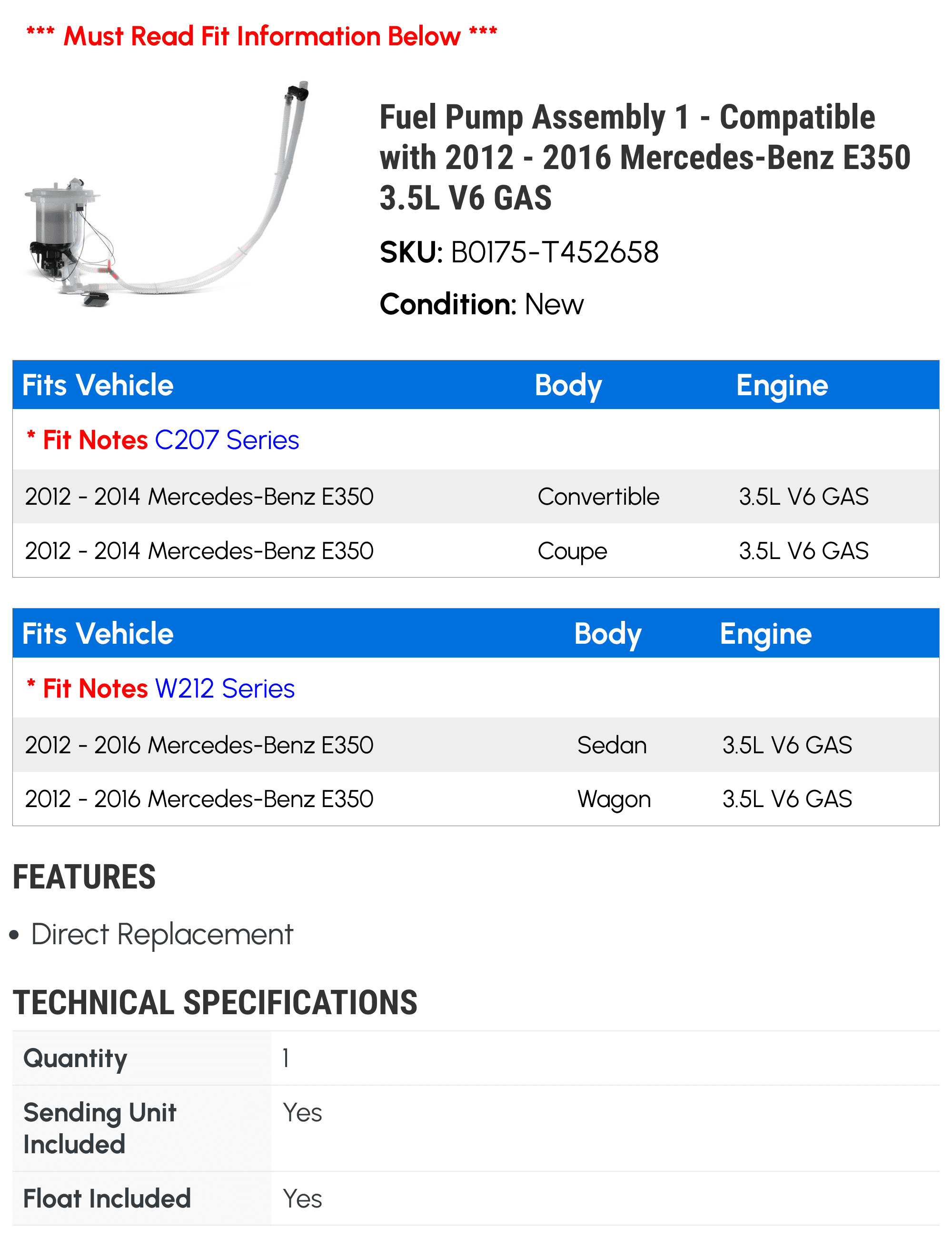 Fuel Pump Assembly 1 - Compatible with 2012 - 2016 Mercedes-Benz E350 3.5L V6 GAS - Autopart Premium