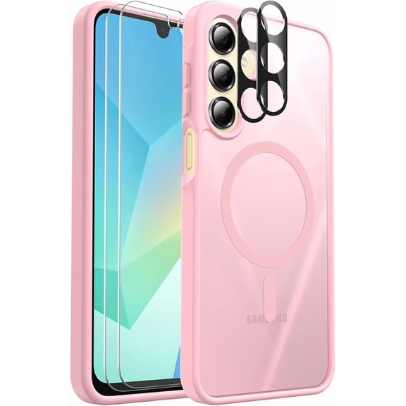 for Samsung Galaxy A16 5G Phone Case Magnetic Shockproof, [Fit for MagSafe] [Glass Screen Protector   Camera Lens Protector] Translucent Anti-Fingerprint (Pink)