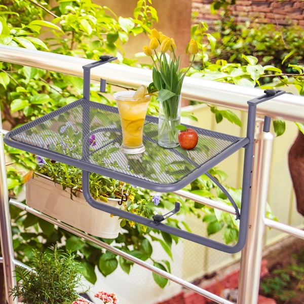 Geemuslly Full Metal Balcony Railing Hanging Table, Indoor and Outdoor Patio Bar Table, Hanging Adjustable Deck Table Balcony Bar Table, 3 Levels Adjustable Height