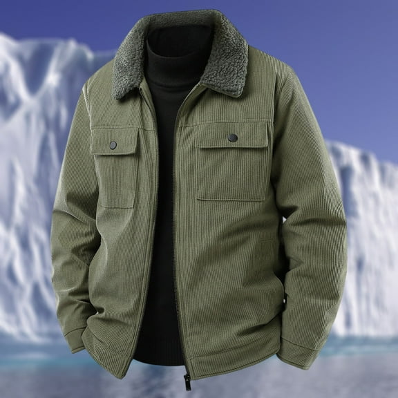 GrmtClth Corduroy Jacket Men Vintage Fleece Sherpa Lined Trucker Jacket Fashion Turn-Down Collar Full Zip Thick Warm Winter Coats Army Green XXL