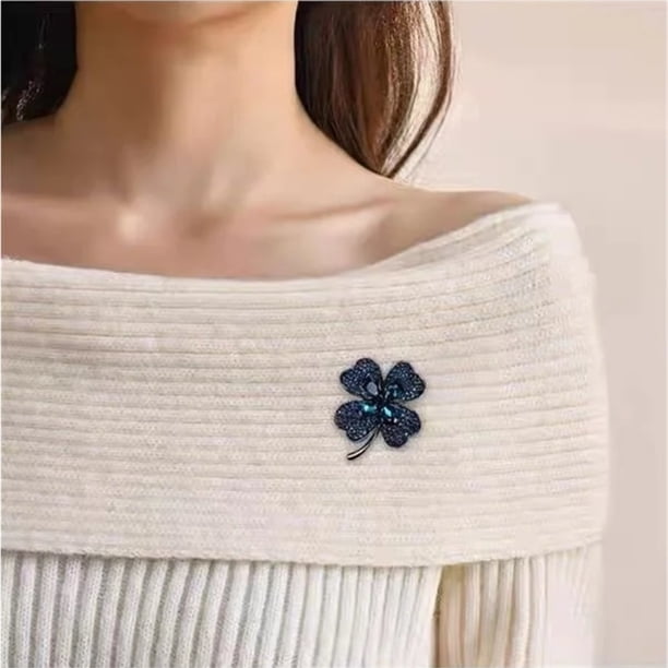 Blue Crystal Four-Leaf Clover Brooches For Women Simple Design