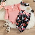 thumbnail image 4 of NLOMOCT Baby Girl Winter Clothes 3 Pcs Fall Outfit Newborn Baby Girl Clothes Ruffle Long Sleeve Romper Pants Headband Clothes Pink,6-12 Months, 4 of 8