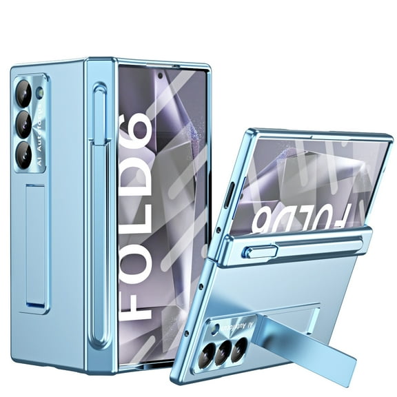 Dteck for Samsung Galaxy Z Fold 6 Case with S Pen & Pen Holder,Luxury Hinge Protection Built-in Front Screen Protector Case Kickstand Feature All-inclusive Slim PC Cover for Galaxy Z Fold 6,Blue