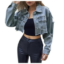 TTUHYWXI Women's Long Sleeves Denim Jean Jacket Regular Fit Single Crop Hem Denim Jacket (Dark Blue, L)