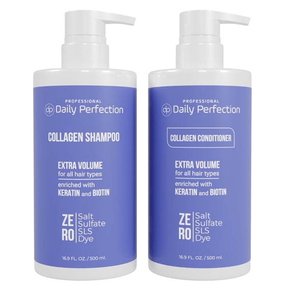 Professional Daily Perfection Salon-Grade, Salt-Free, Sulfate-Free, Paraben-Free, Extra Volume, Collagen Shampoo and Conditioner Set for All Hair Types, Enriched with Biotin and Keratin