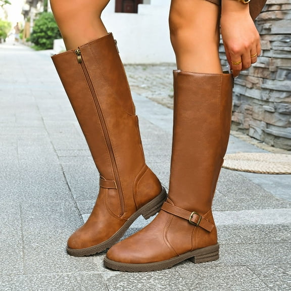 Bnwani Low Heel Boots Women Winter Fashion Toe Zipper Chunky High Knee-High Casual Solid Boot Brown Size 5.5