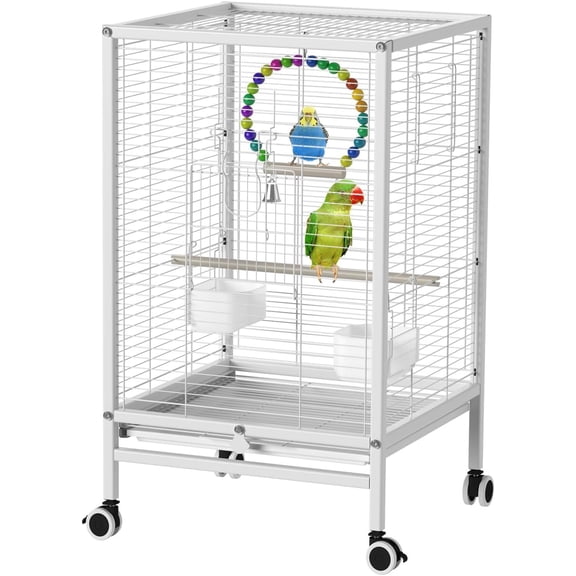24-Inch Iron Bird Cage with Wheels, 61cm Height, Rolling Stand for Small Birds, Parakeets, Lovebirds, Canaries (White)