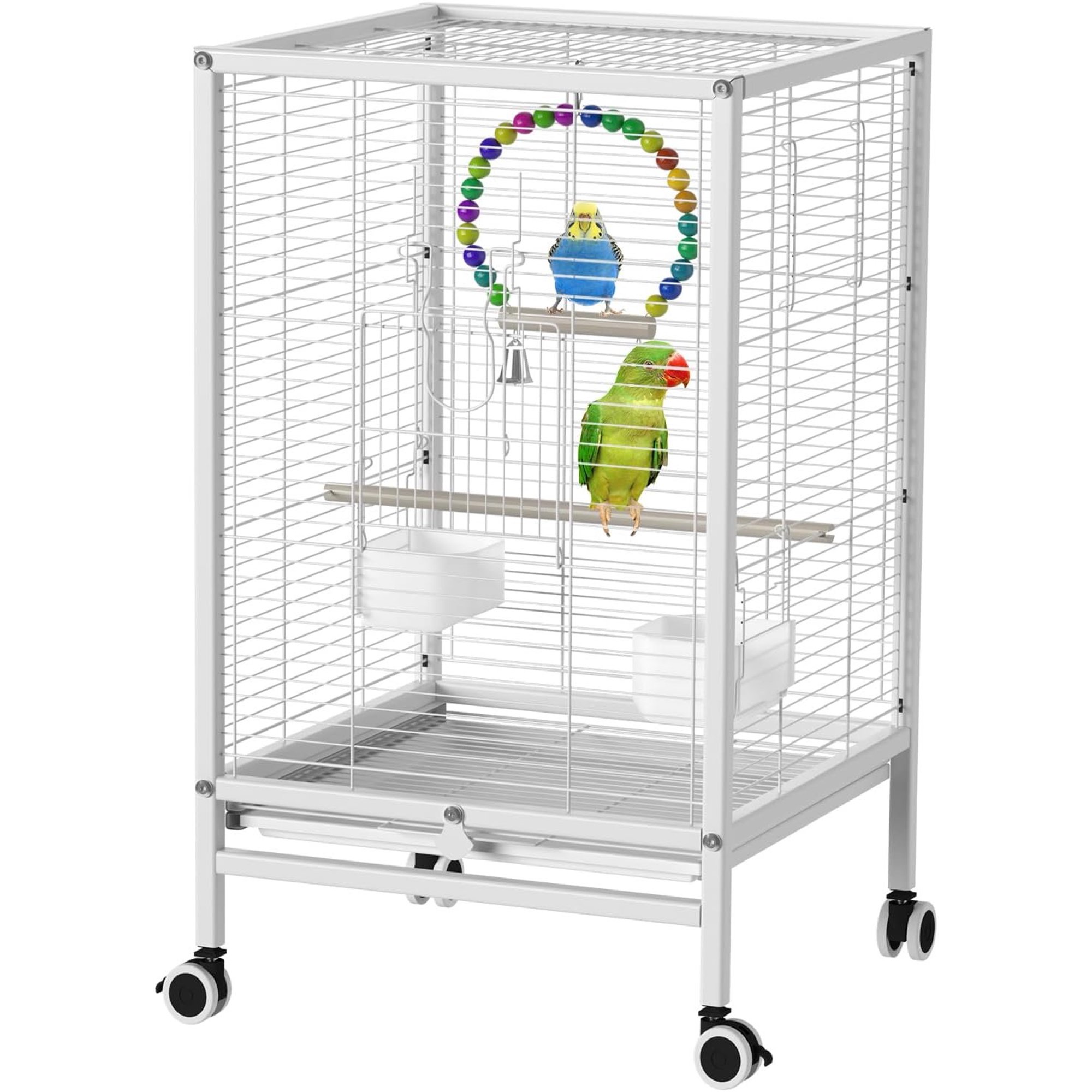 24-Inch Iron Bird Cage with Wheels, 61cm Height, Rolling Stand for Small Birds, Parakeets, Lovebirds, Canaries (White)