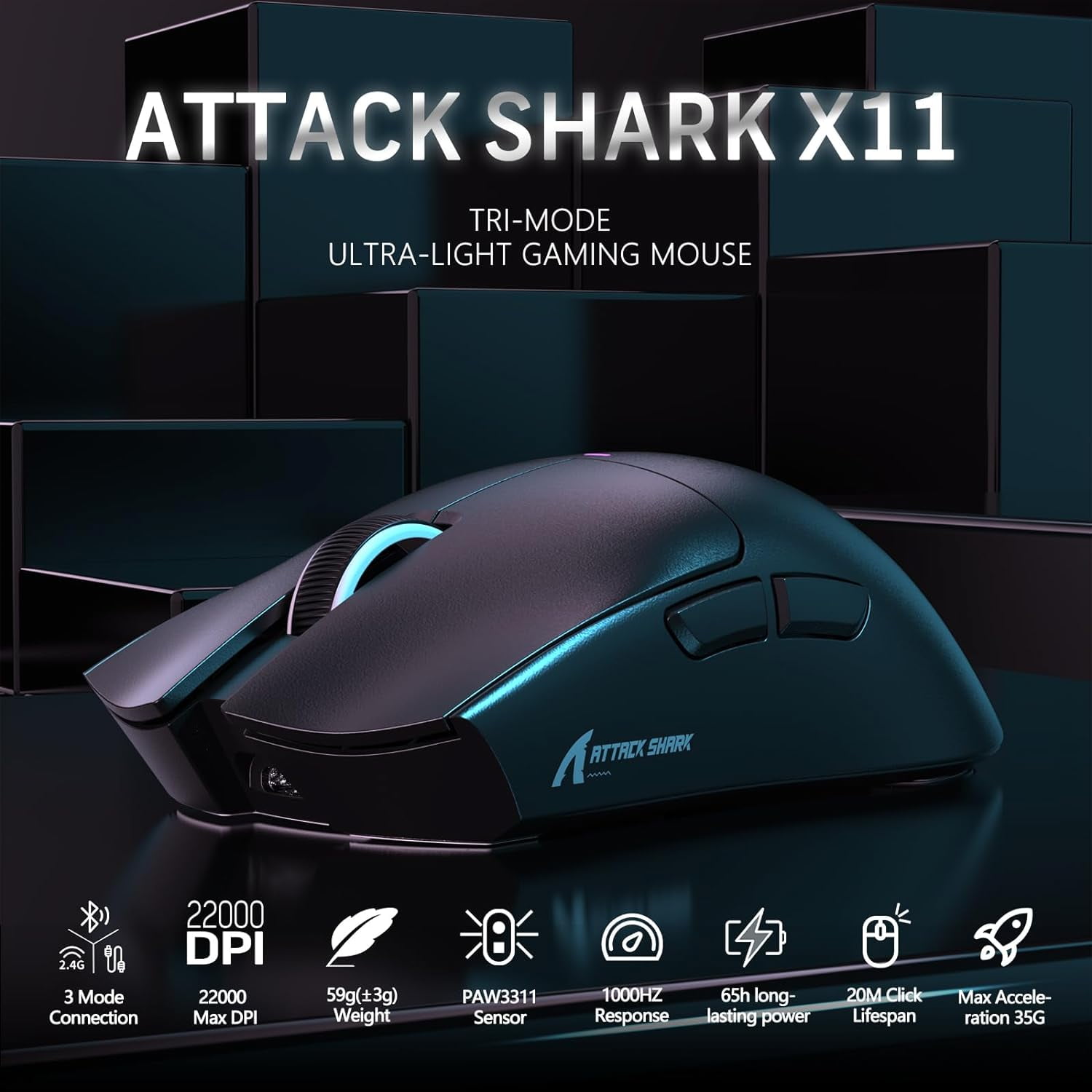 ATTACK SHARK X11 Wireless Gaming Mouse with Charging Dock, PixArt PAW3311 Gaming Sensor, BT/2.4G Wireless/Wired