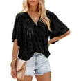 thumbnail image 5 of Womens Tops Womens 3/4 Bell Sleeve Blouse Summer Crewneck Lace Tops Floral Textured Shirts Shirts for Women, 5 of 5