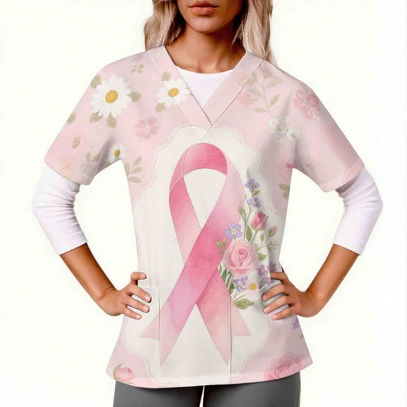 APEXFWDT Women's Pink Ribbon Scrub Top Nurse Uniform Short Sleeve V-Neck Top Breast Cancer Awareness Scrub Top with Pockets,S,Pink