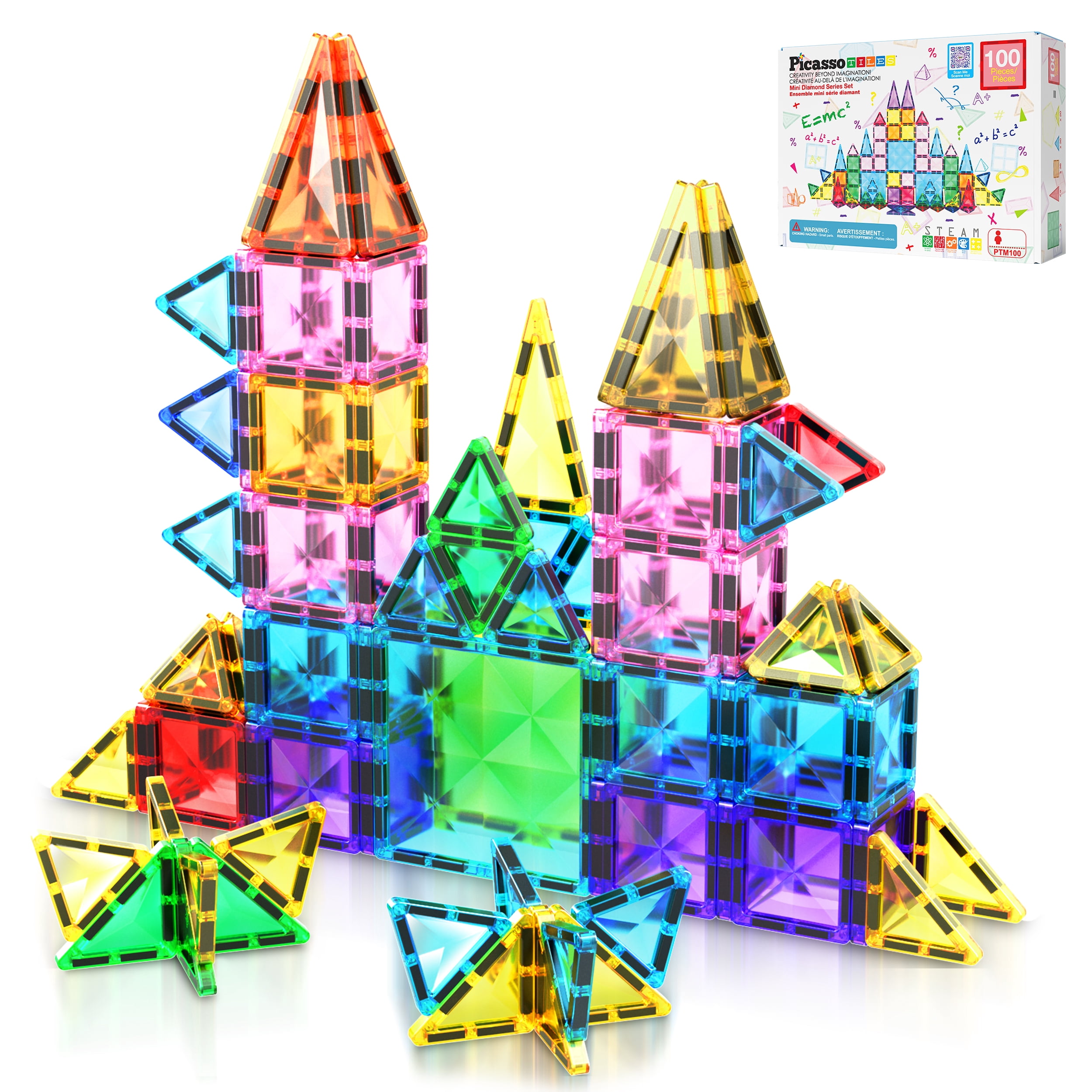 PicassoTiles Mini Magnetic Tiles for Kids – 100PCS STEM Building Blocks Travel Set, Educational Construction Toy, Creative Portable Learning Kit