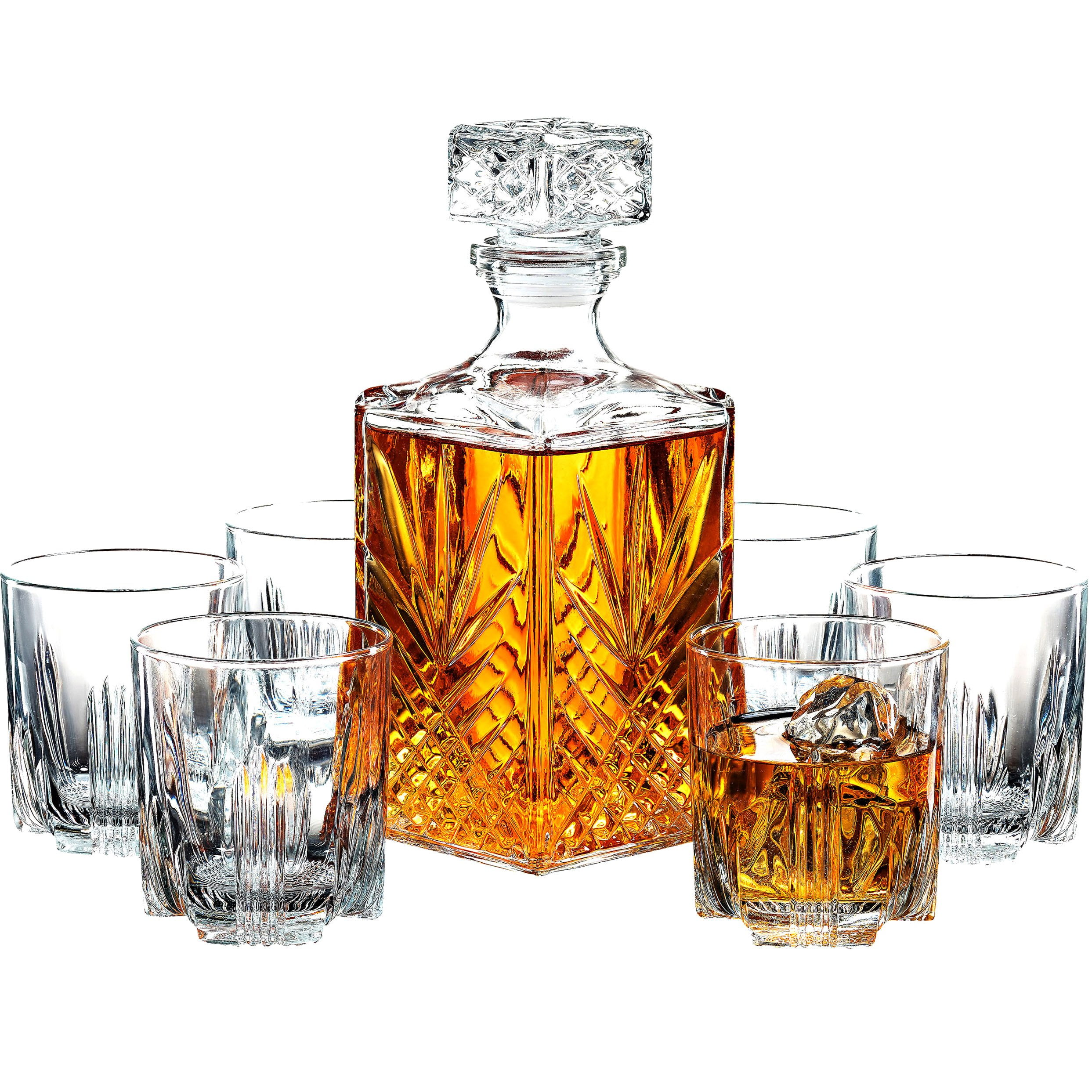 Crystal Glass Decanter Set 25 oz Liquor Bottle Carafe & Whiskey Glasses 7-Pieces 