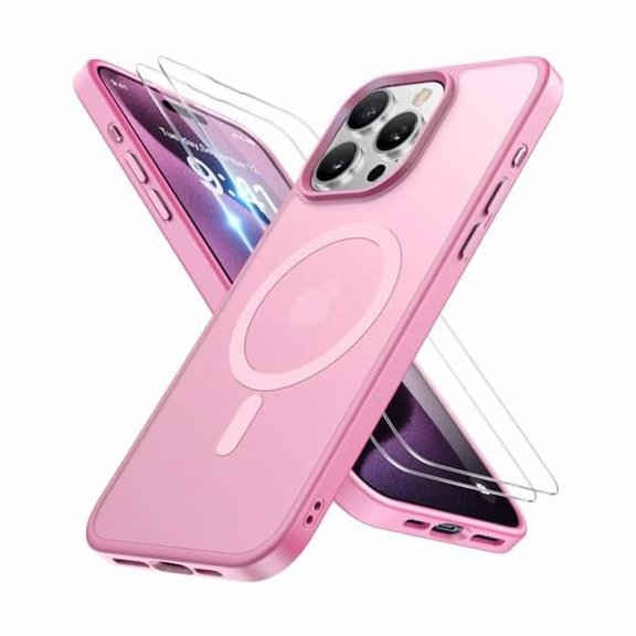 Eryueer Magnetic for iPhone 15 Pro Max Case 6.7 inch (with 2X Screen Protectors) Military-Grade Protection, Anti-Fingerprint Translucent Matte Phone Cover, Mes Pink